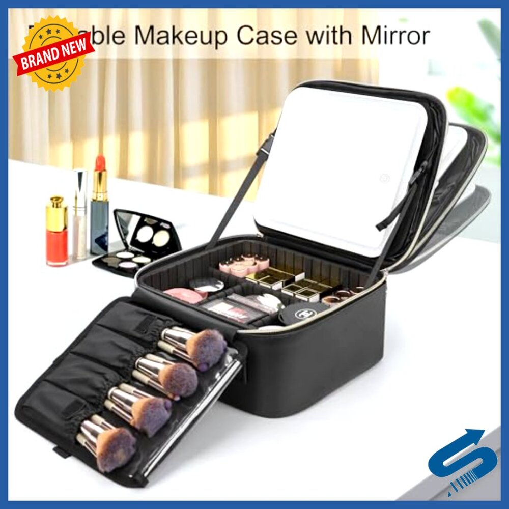 LED Mirror Travel Makeup Case with Adjustable Dividers and Brush Holder - Picture 2 of 6